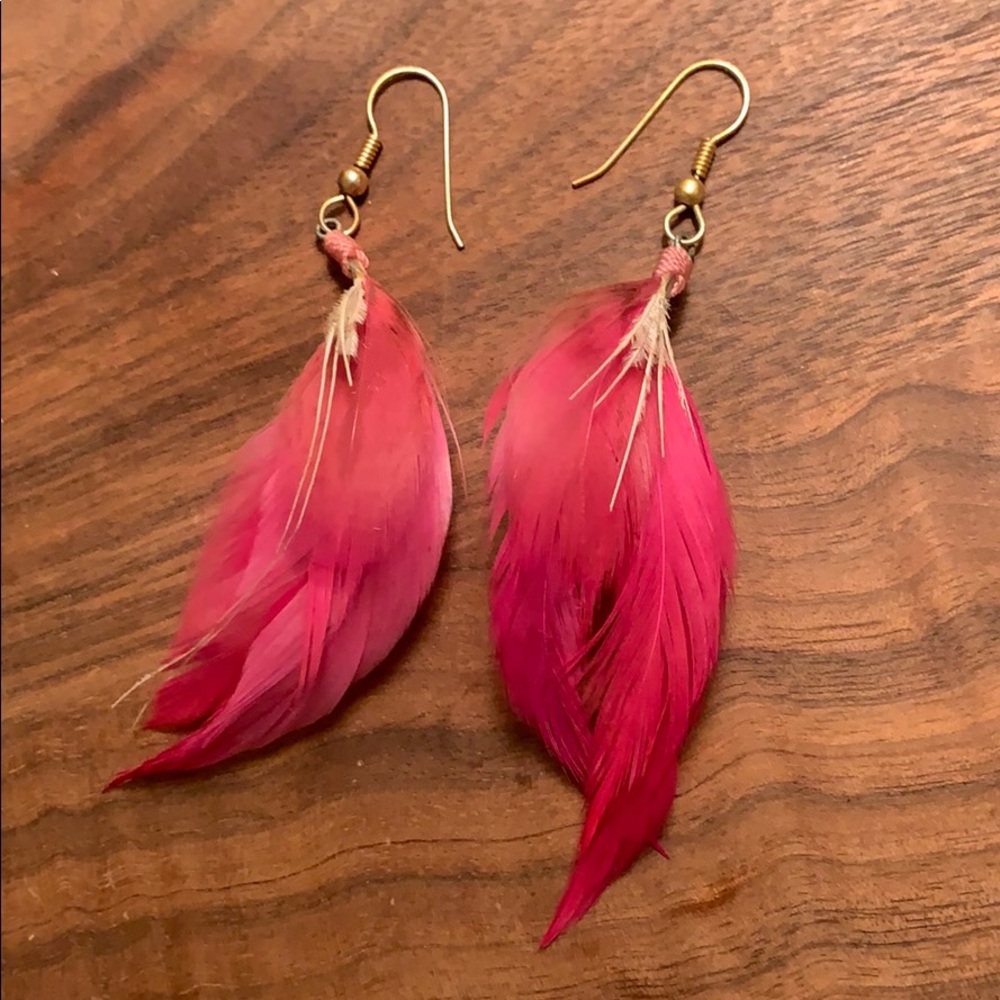 Handmade pink feather earrings